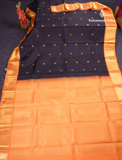 Korvai Beautiful Black Pure Kanjivaram Silk Saree With Contrast Orange Traditional Border
