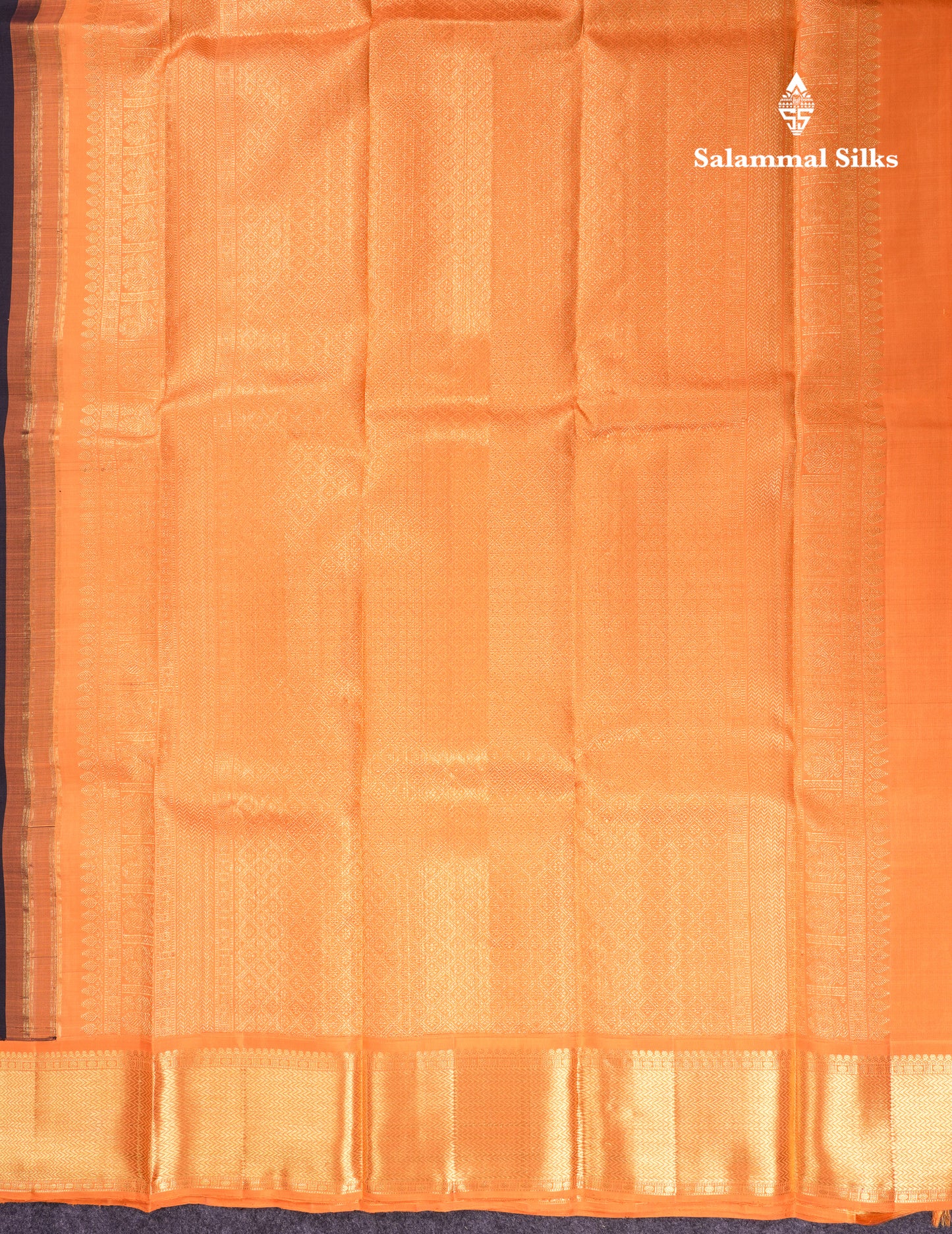 Korvai Beautiful Black Pure Kanjivaram Silk Saree With Contrast Orange Traditional Border