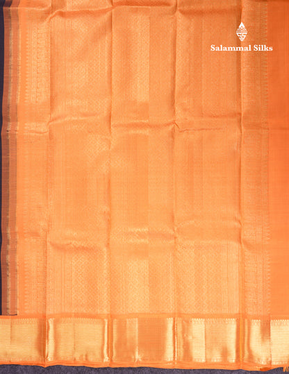 Korvai Beautiful Black Pure Kanjivaram Silk Saree With Contrast Orange Traditional Border