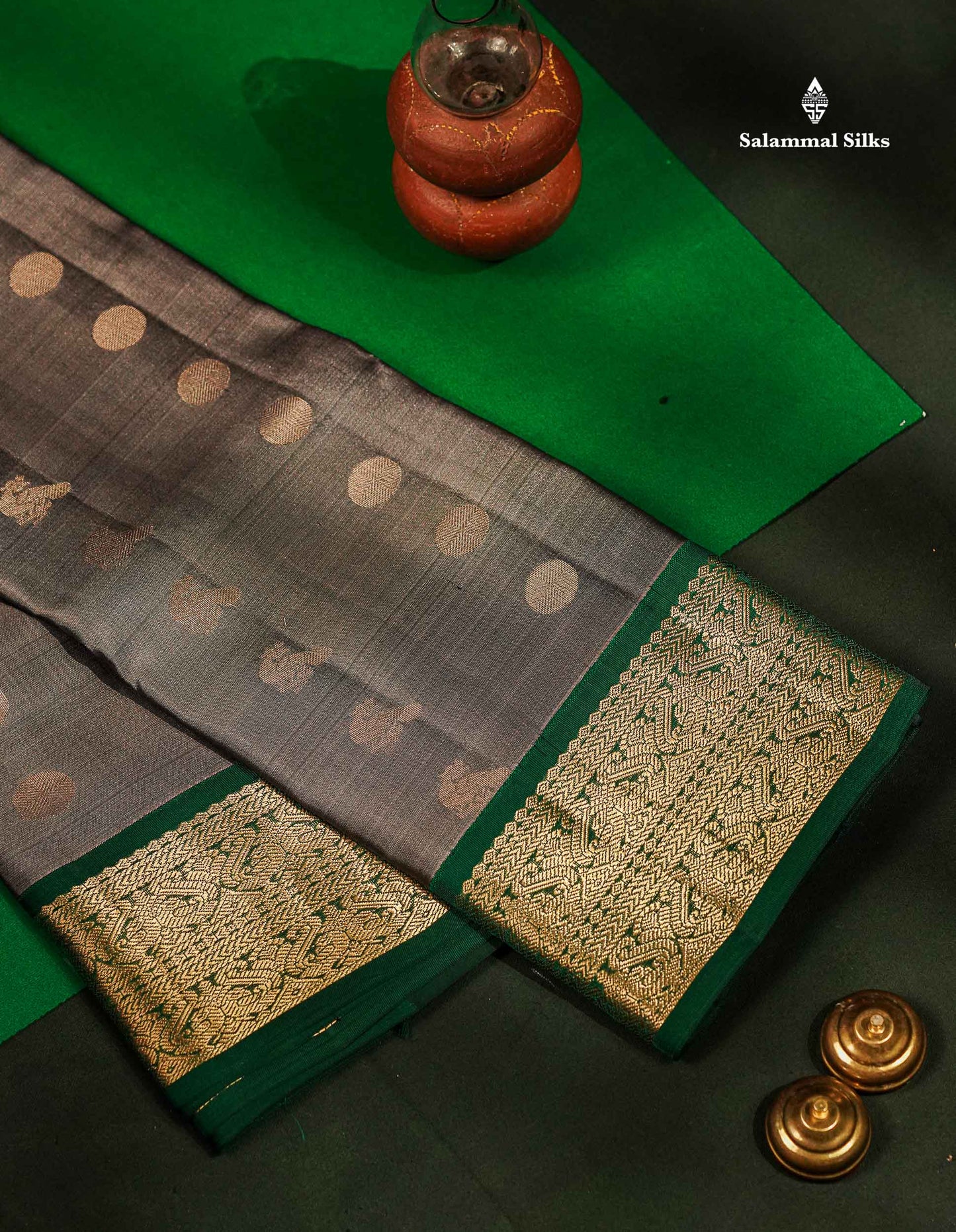 Beautiful Grey Pure Kanjivaram Silk Saree With Contrast Bottle Green Traditional Border