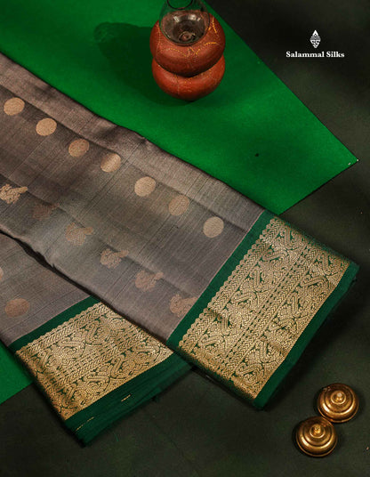 Beautiful Grey Pure Kanjivaram Silk Saree With Contrast Bottle Green Traditional Border