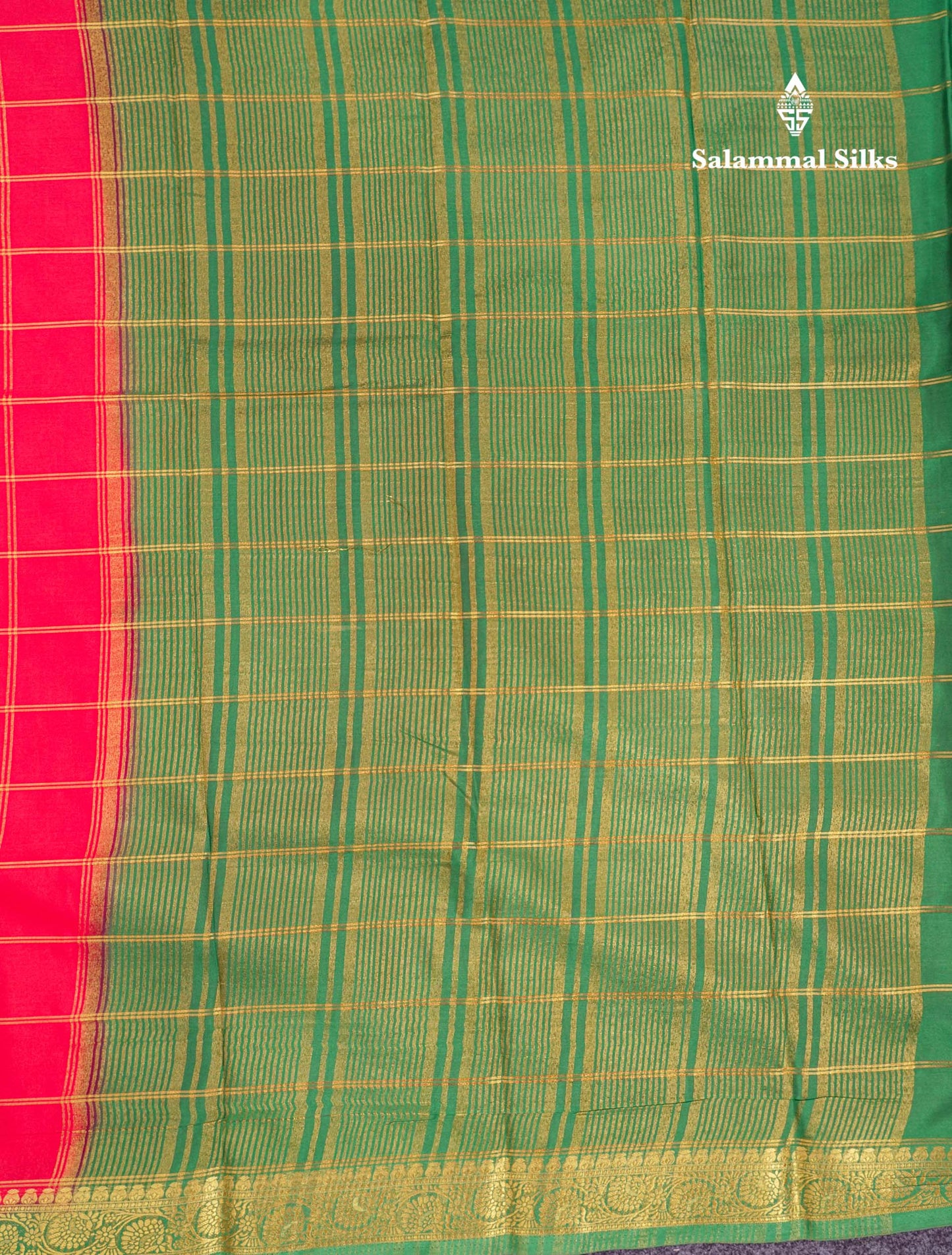 Beautiful Chilly Red Zari Checks Semi Mysore Silk Saree With Contrast Green Small Traditional Border
