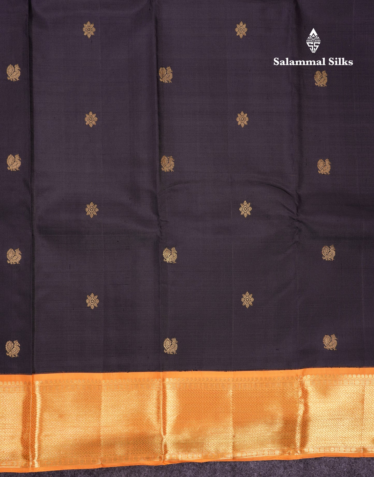 Korvai Beautiful Black Pure Kanjivaram Silk Saree With Contrast Orange Traditional Border