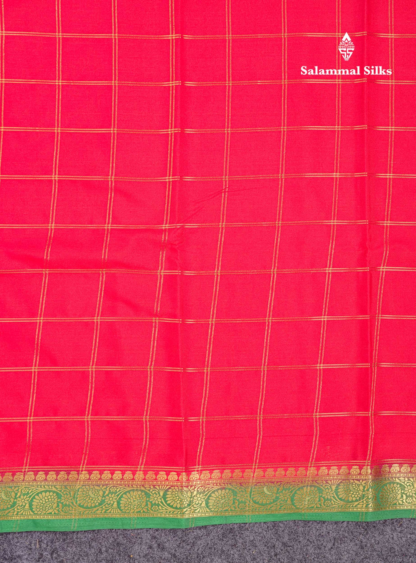 Beautiful Chilly Red Zari Checks Semi Mysore Silk Saree With Contrast Green Small Traditional Border