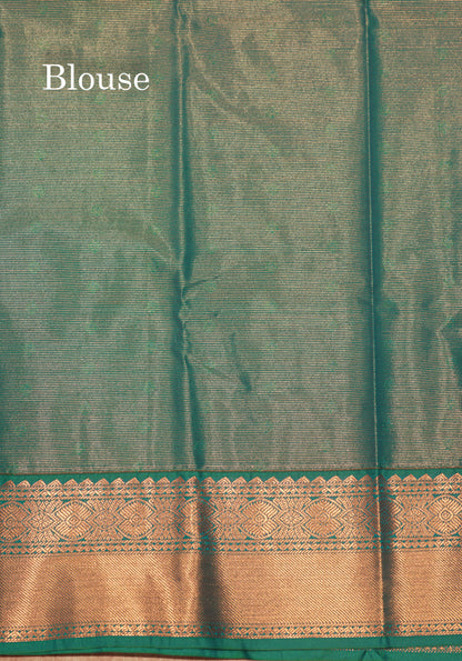 Peach Colour Vaira Oosi Semi Silk Saree With Saffire Green Border