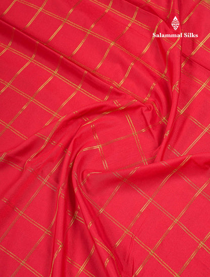 Beautiful Chilly Red Zari Checks Semi Mysore Silk Saree With Contrast Green Small Traditional Border