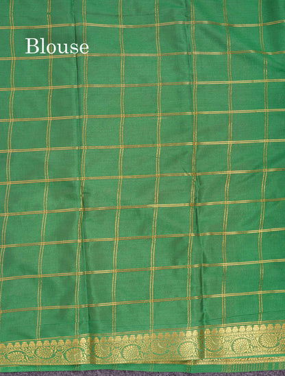 Beautiful Chilly Red Zari Checks Semi Mysore Silk Saree With Contrast Green Small Traditional Border