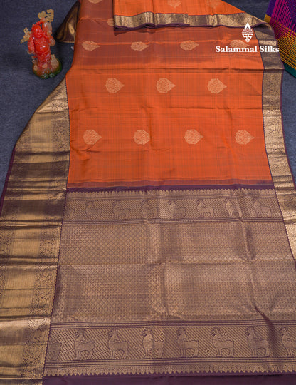 Beautiful Rust Orange Pure Kanjivaram Silk Saree With Contrast Dark Brown Traditional Evening Morning Border