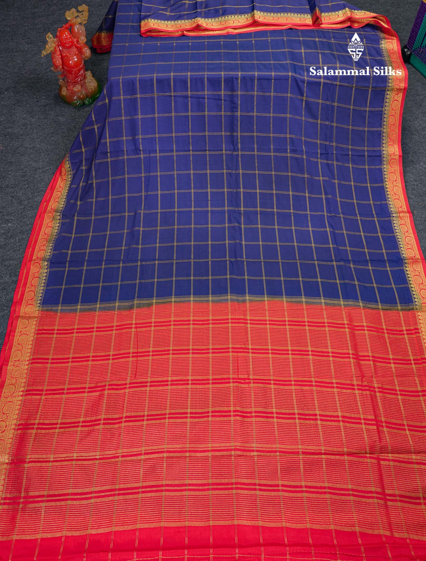 Beautiful Chilly Red Zari Checks Semi Mysore Silk Saree With Contrast Green Small Traditional Border