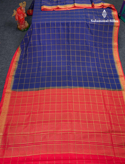 Beautiful Chilly Red Zari Checks Semi Mysore Silk Saree With Contrast Green Small Traditional Border