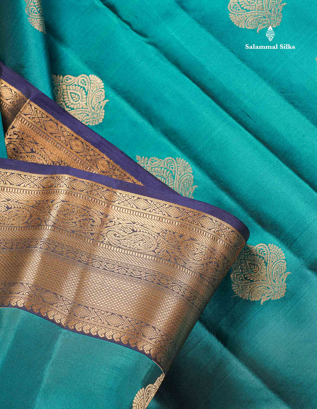 Pure Kanjivaram Silk Saree - Teal Blue Colour Body With Dark Navy Blue Border