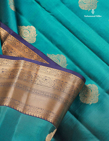 Pure Kanjivaram Silk Saree - Teal Blue Colour Body With Dark Navy Blue Border