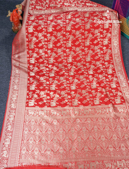 Beautiful Chilly Red Semi Georgette Saree With Fancy Self Evening Morning Border