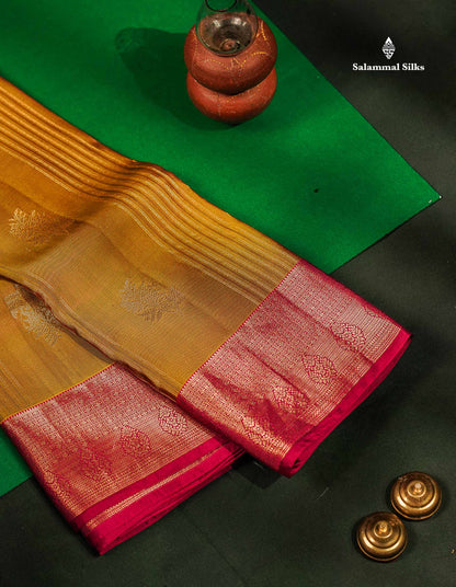 Beautiful Mango Yellow Zari Lines With Butta PureMix Silk Saree With Contrast Pink Traditional Border