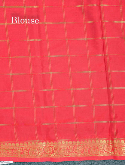 Beautiful Chilly Red Zari Checks Semi Mysore Silk Saree With Contrast Green Small Traditional Border
