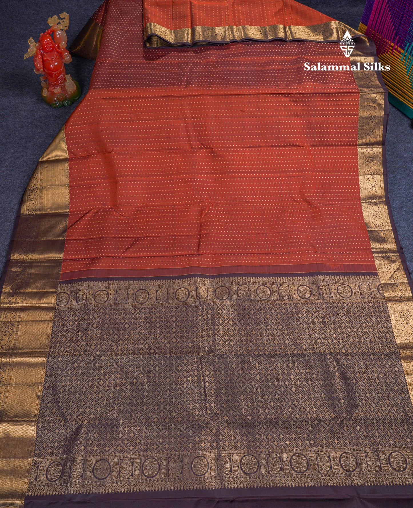 Beautiful Rust Orange Pure Kanjivaram Silk Saree With Contrast Dark Brown Traditional Evening Morning Border