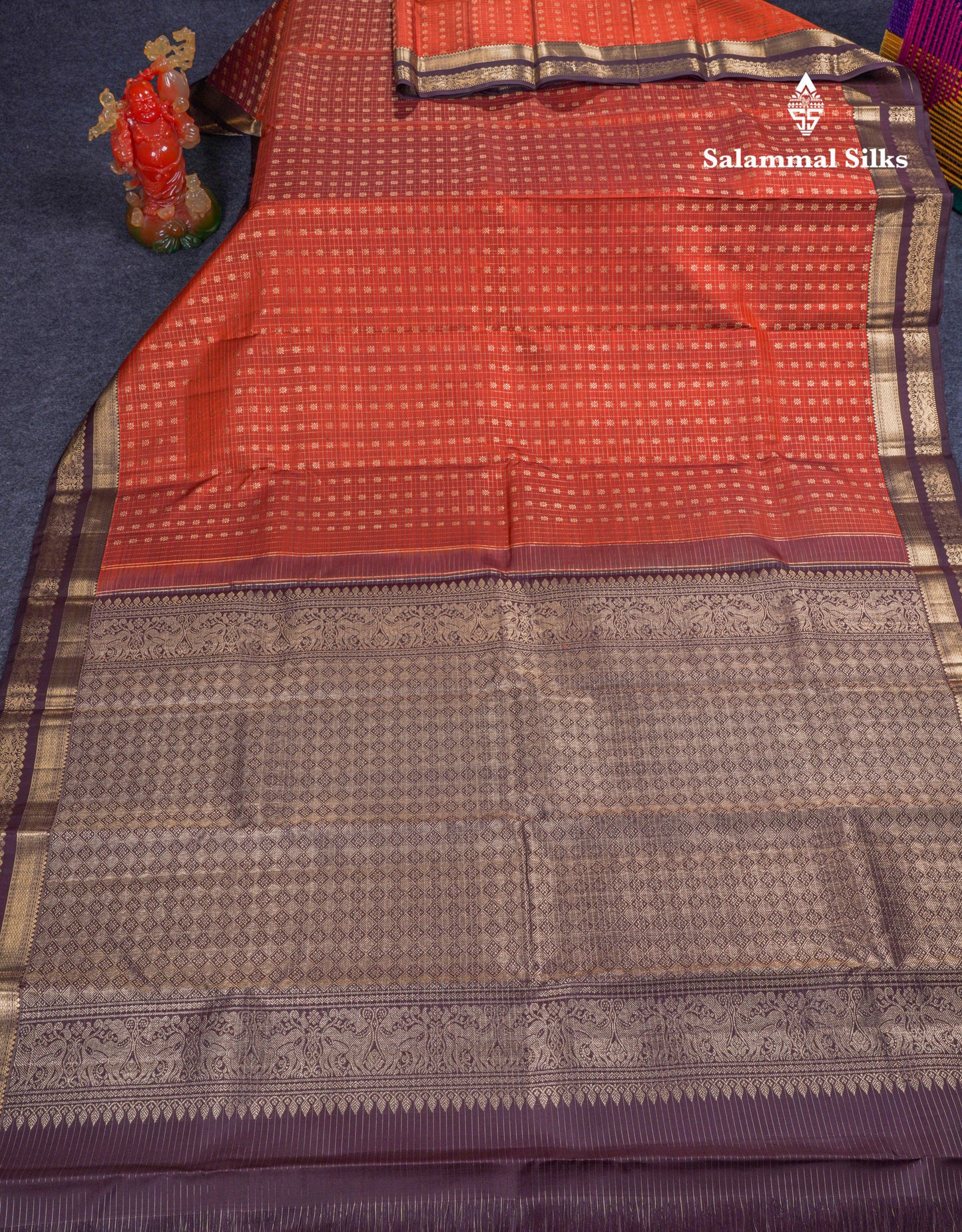 Beautiful Rust Orange Pure Kanjivaram Silk Saree With Contrast Dark Brown Traditional Border
