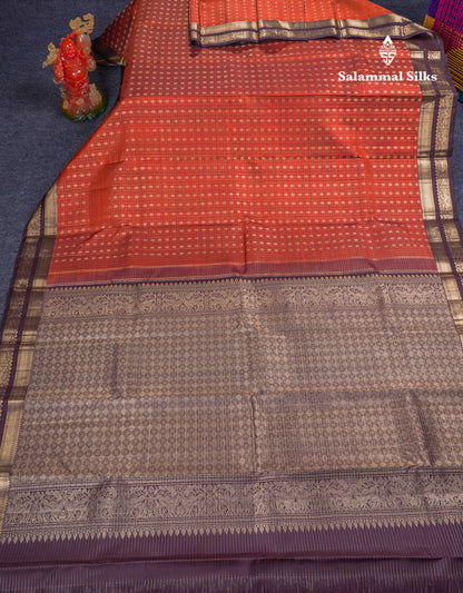 Beautiful Rust Orange Pure Kanjivaram Silk Saree With Contrast Dark Brown Traditional Border