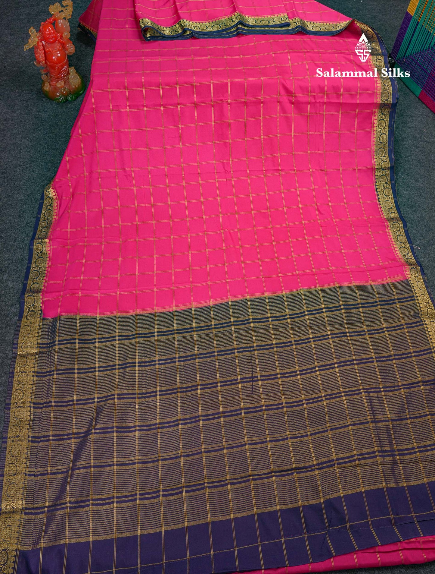 Beautiful Chilly Red Zari Checks Semi Mysore Silk Saree With Contrast Green Small Traditional Border