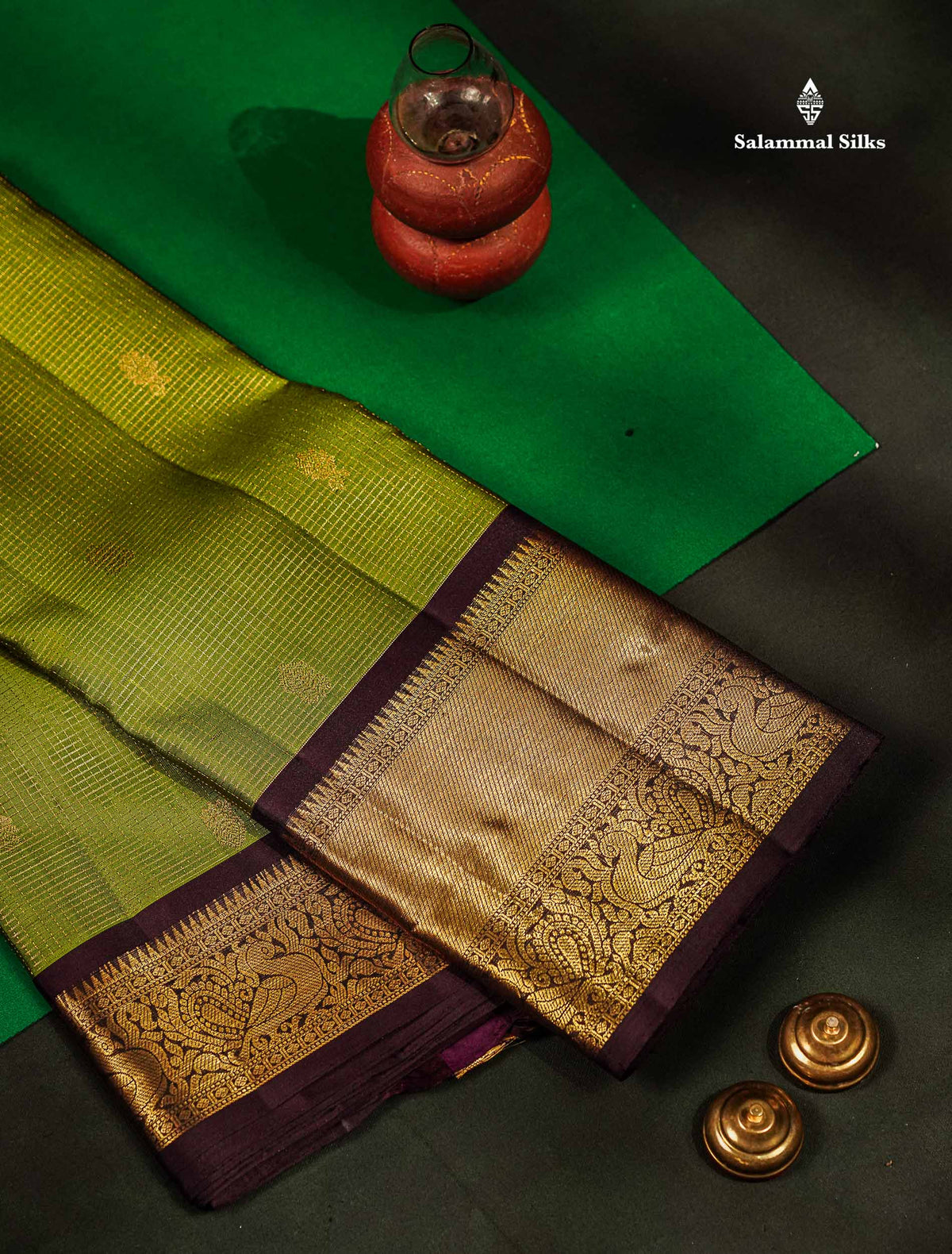 Pure Kanjivaram Silk Saree - Olive Green Tiny Zari Checks With Butta Along With Contrast Dark Brown Traditional Evening Morning Border