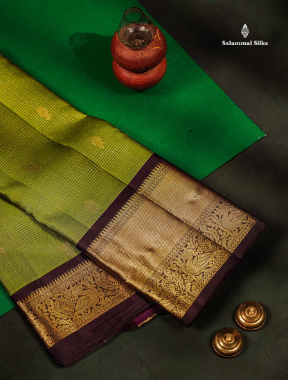 Pure Kanjivaram Silk Saree - Olive Green Tiny Zari Checks With Butta Along With Contrast Dark Brown Traditional Evening Morning Border