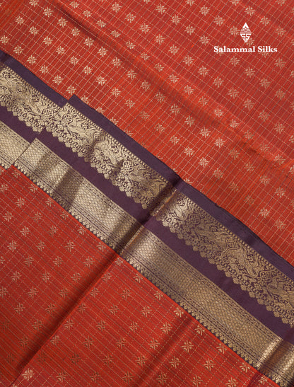Beautiful Rust Orange Pure Kanjivaram Silk Saree With Contrast Dark Brown Traditional Border