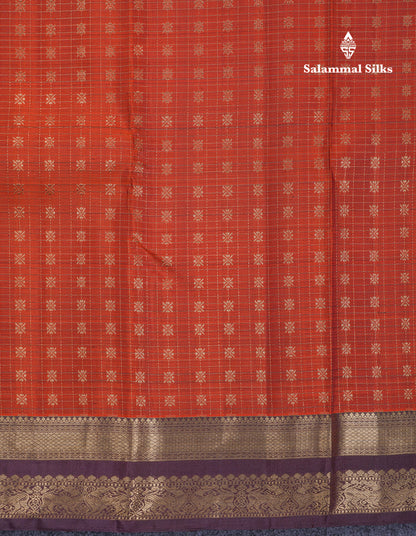 Beautiful Rust Orange Pure Kanjivaram Silk Saree With Contrast Dark Brown Traditional Border