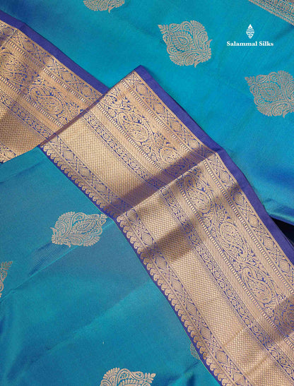 Pure Kanjivaram Silk Saree - Teal Blue Colour Body With Dark Navy Blue Border
