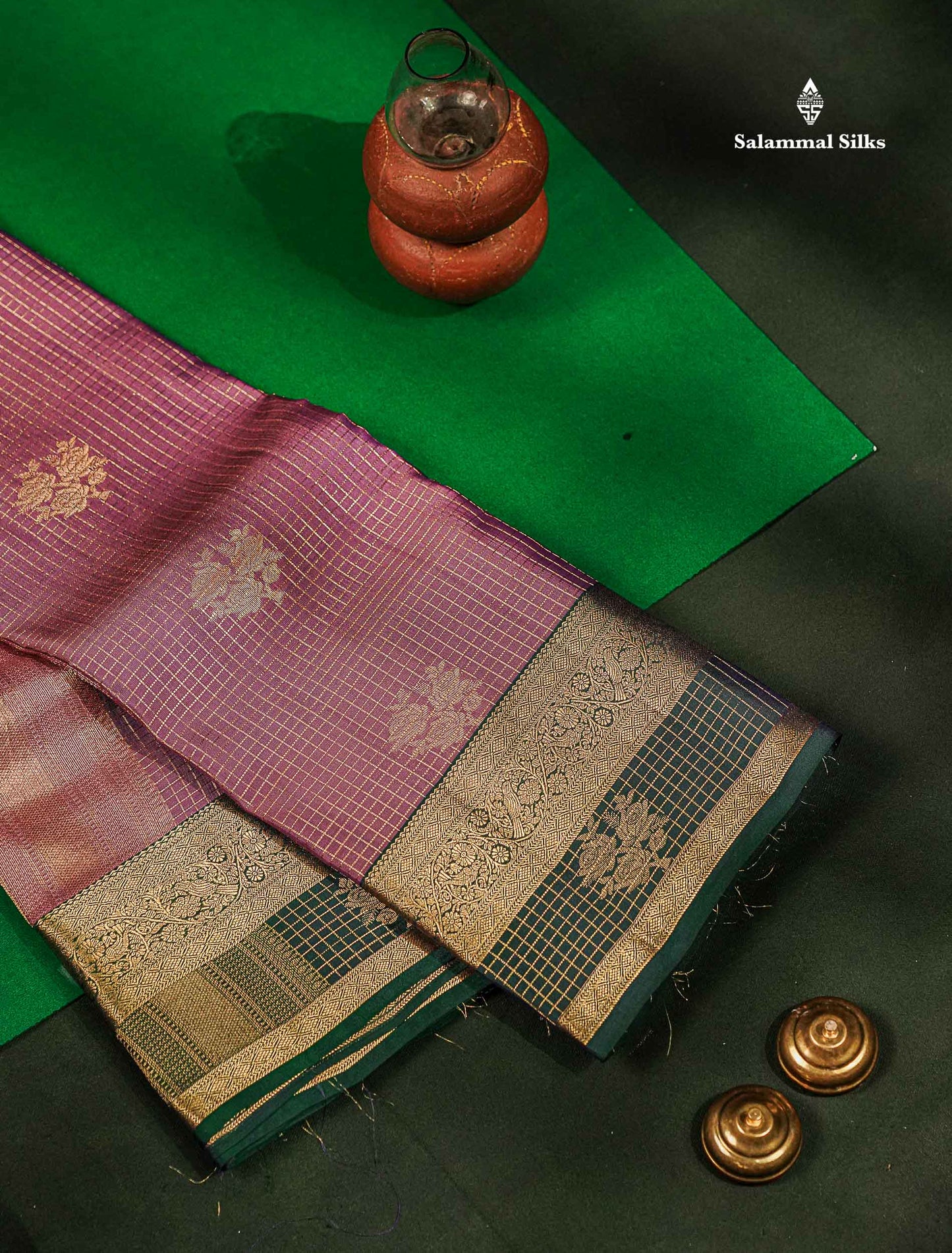 Beautiful Onion Pink Small Checks With Zari Butta PureMix Silk Saree With Contrast Bottle Green Traditional Border