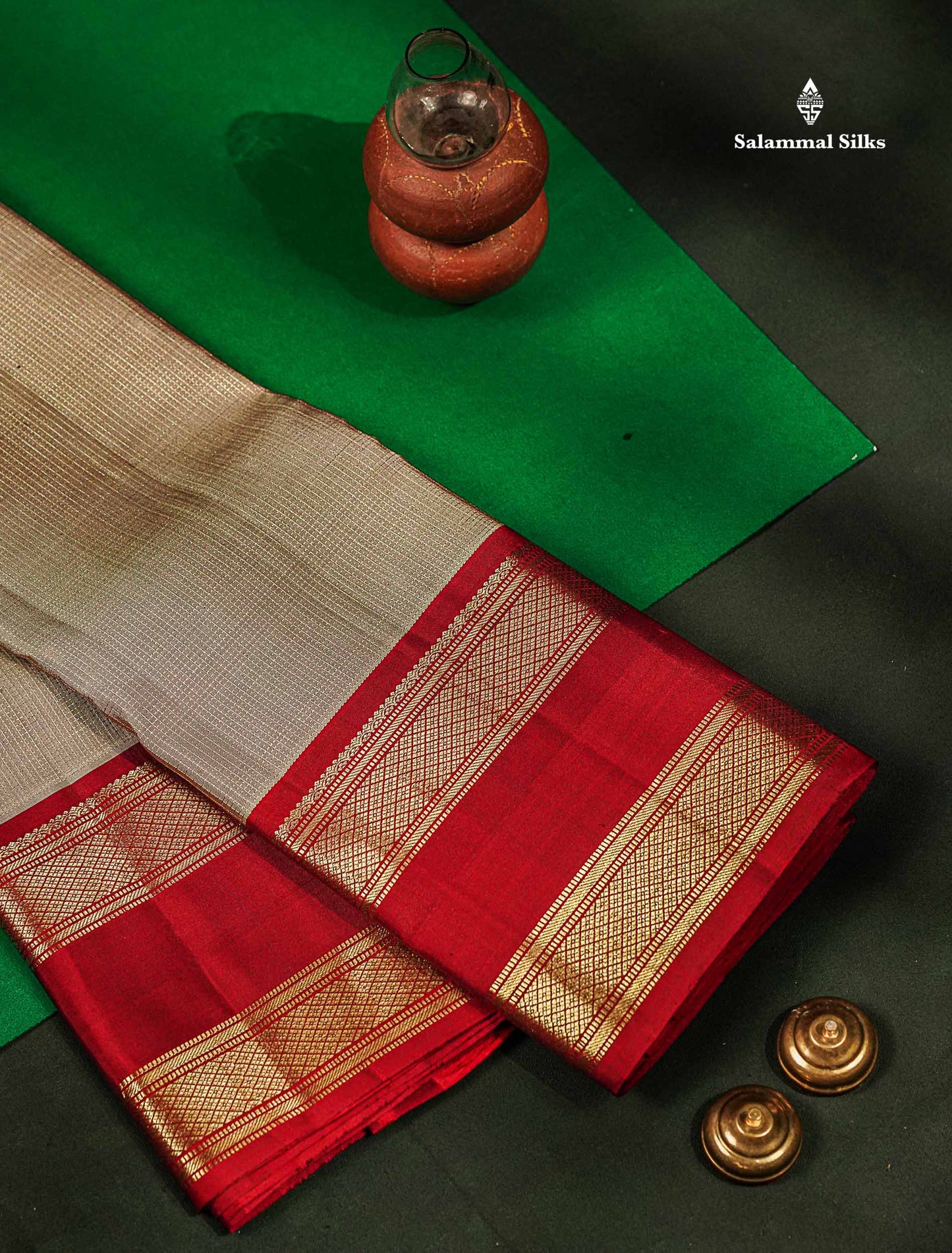 Pure Kanjivaram Silk Saree - Cream Sandal Tiny Zari Checks Along With Contrast Maroon Traditional Rettapet Border