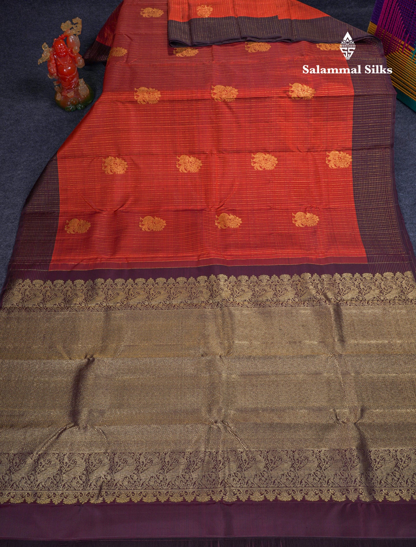 Beautiful Rust Orange Pure Kanjivaram Silk Saree With Contrast Dark Brown Border