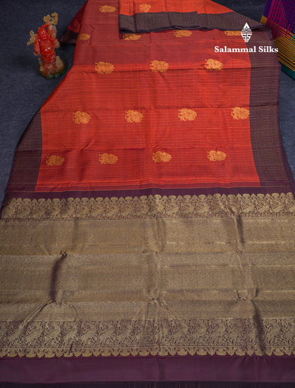 Beautiful Rust Orange Pure Kanjivaram Silk Saree With Contrast Dark Brown Border