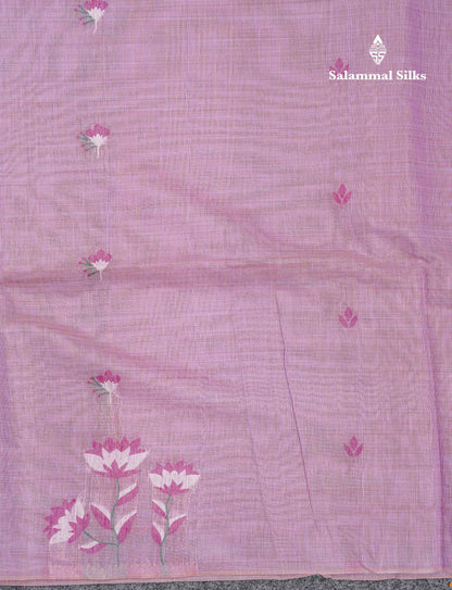 Beautiful Light Lavender Thread Work Butta Cotton Mix Saree With Contrast Dual Tone Maroon Blouse