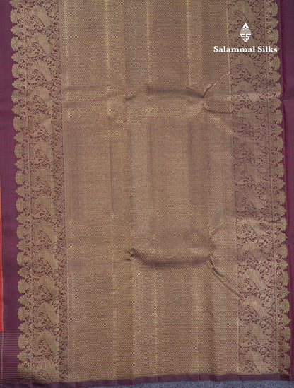 Beautiful Rust Orange Pure Kanjivaram Silk Saree With Contrast Dark Brown Border