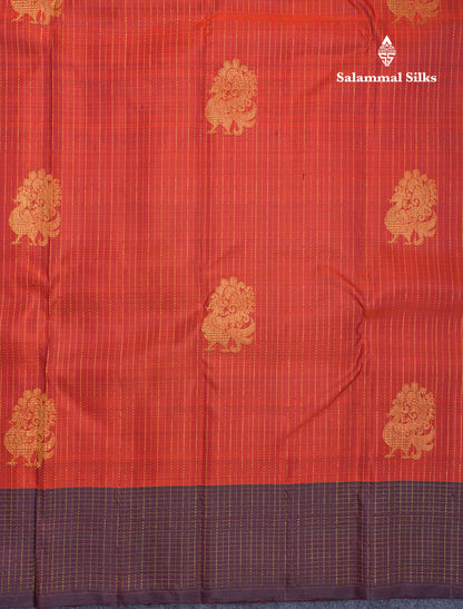 Beautiful Rust Orange Pure Kanjivaram Silk Saree With Contrast Dark Brown Border