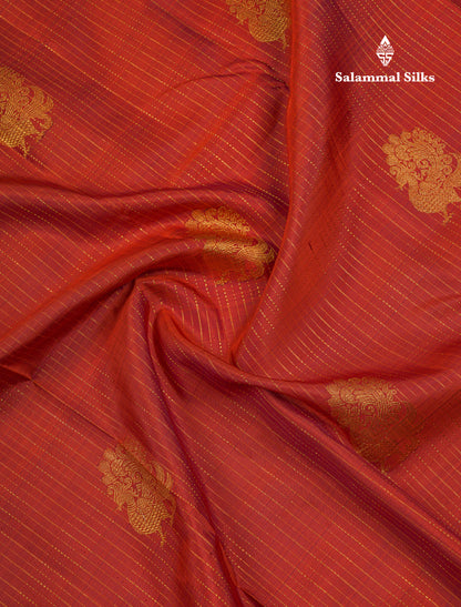 Beautiful Rust Orange Pure Kanjivaram Silk Saree With Contrast Dark Brown Border