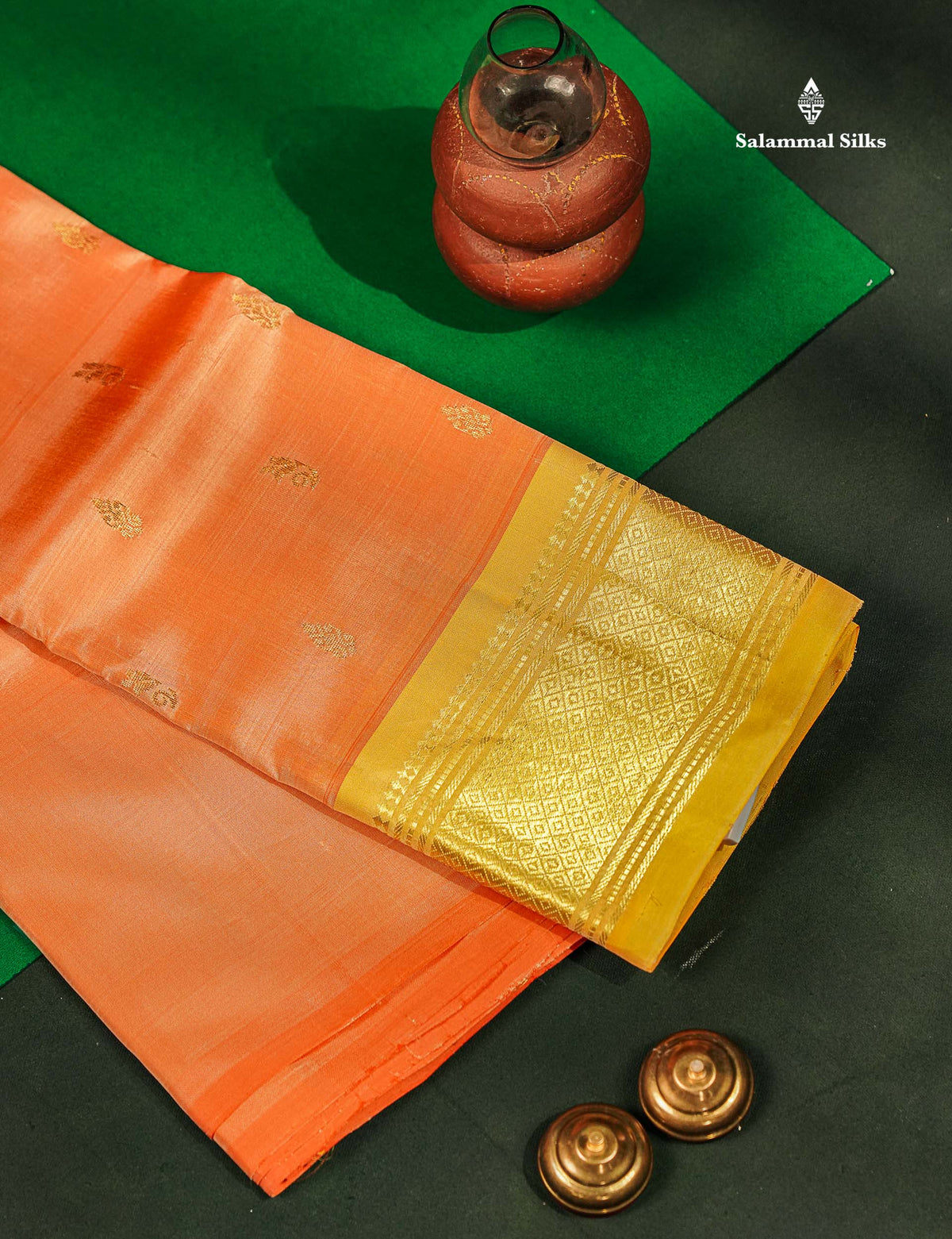 Beautiful Peach Pure Kanjivaram Silk Saree With Contrast Light Yellow One Side Traditional Border