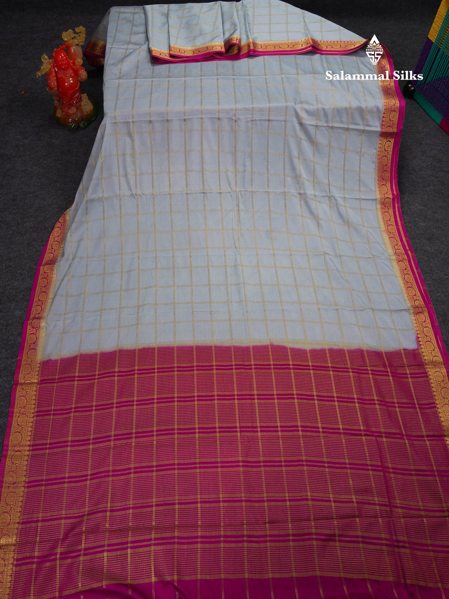 Beautiful Chilly Red Zari Checks Semi Mysore Silk Saree With Contrast Green Small Traditional Border