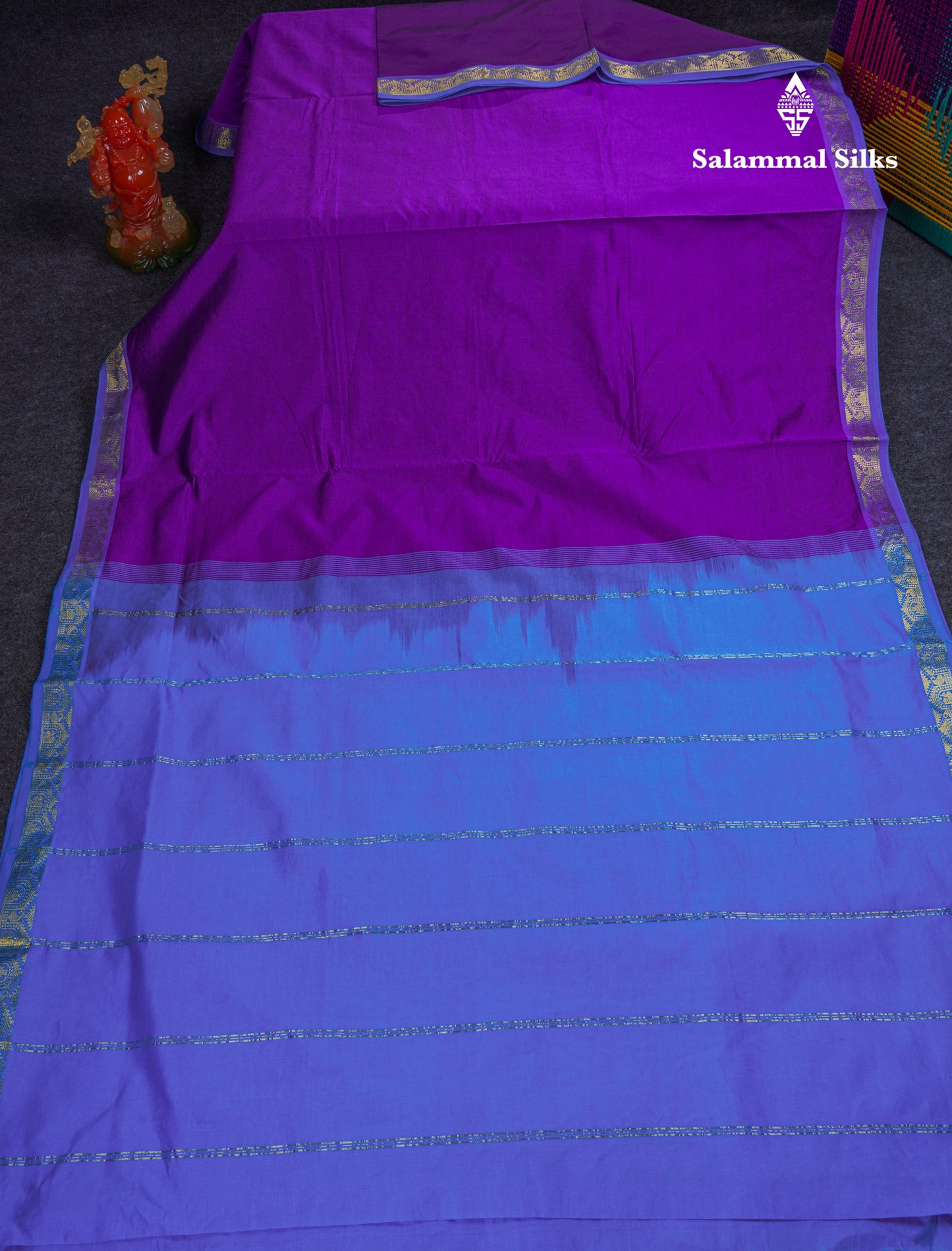 Beautiful Purple Plain Semi Silk Cotton Saree With Contrast Blue Blouse