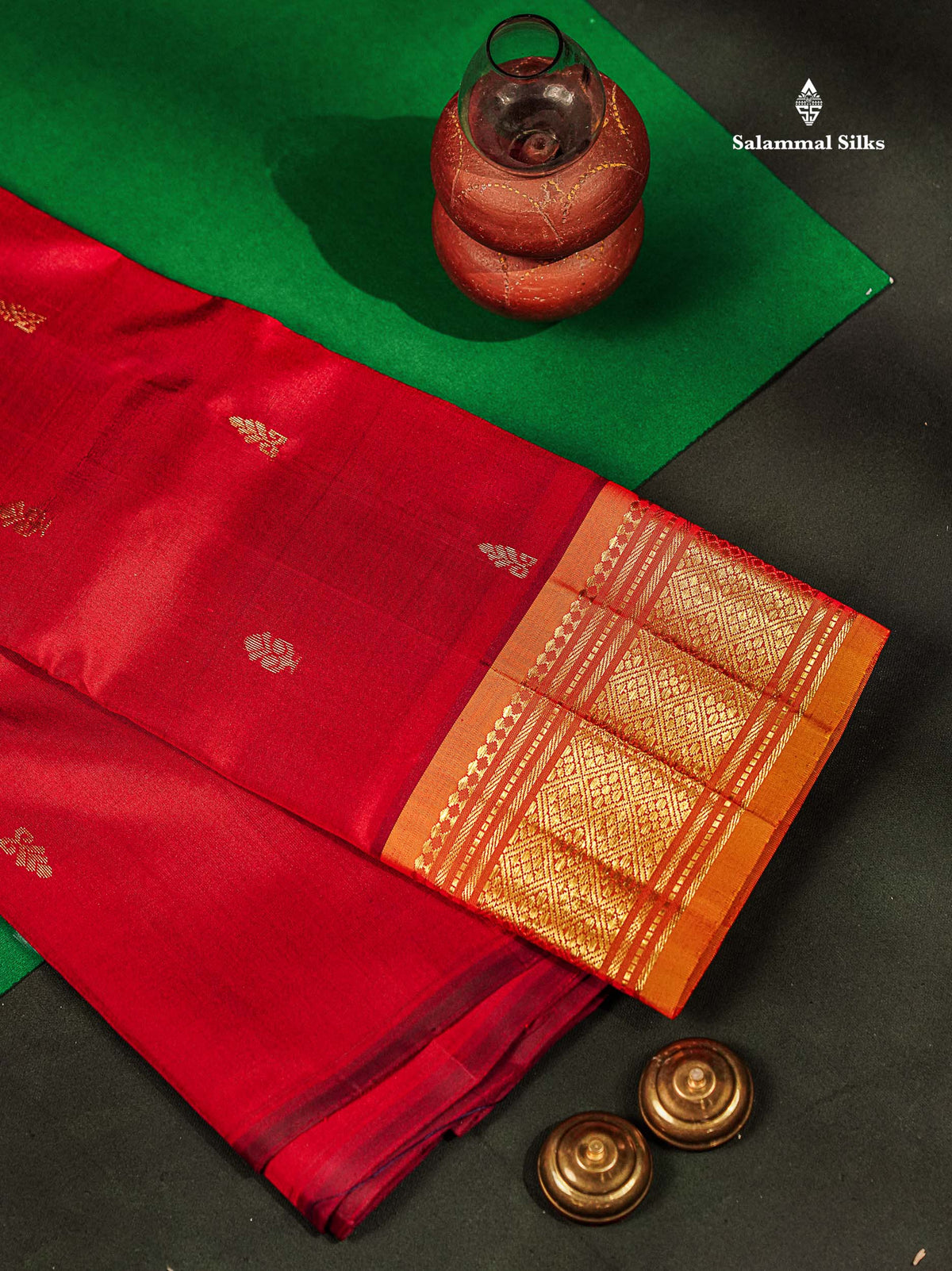 One Side Border Pure Silk Saree - Redish Maroon Zari Butta With Contrast Mango Yellow Traditional Border