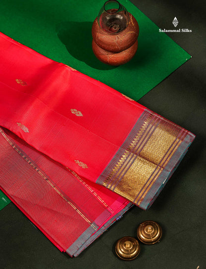 Dual Tone Reddish Pink Pure Kanjivaram Silk Saree With Contrast Light Blue One Side Traditional Border