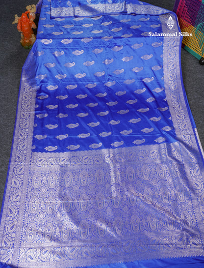 Beautiful Royal Blue Russian Silk Saree With Fancy Self Border
