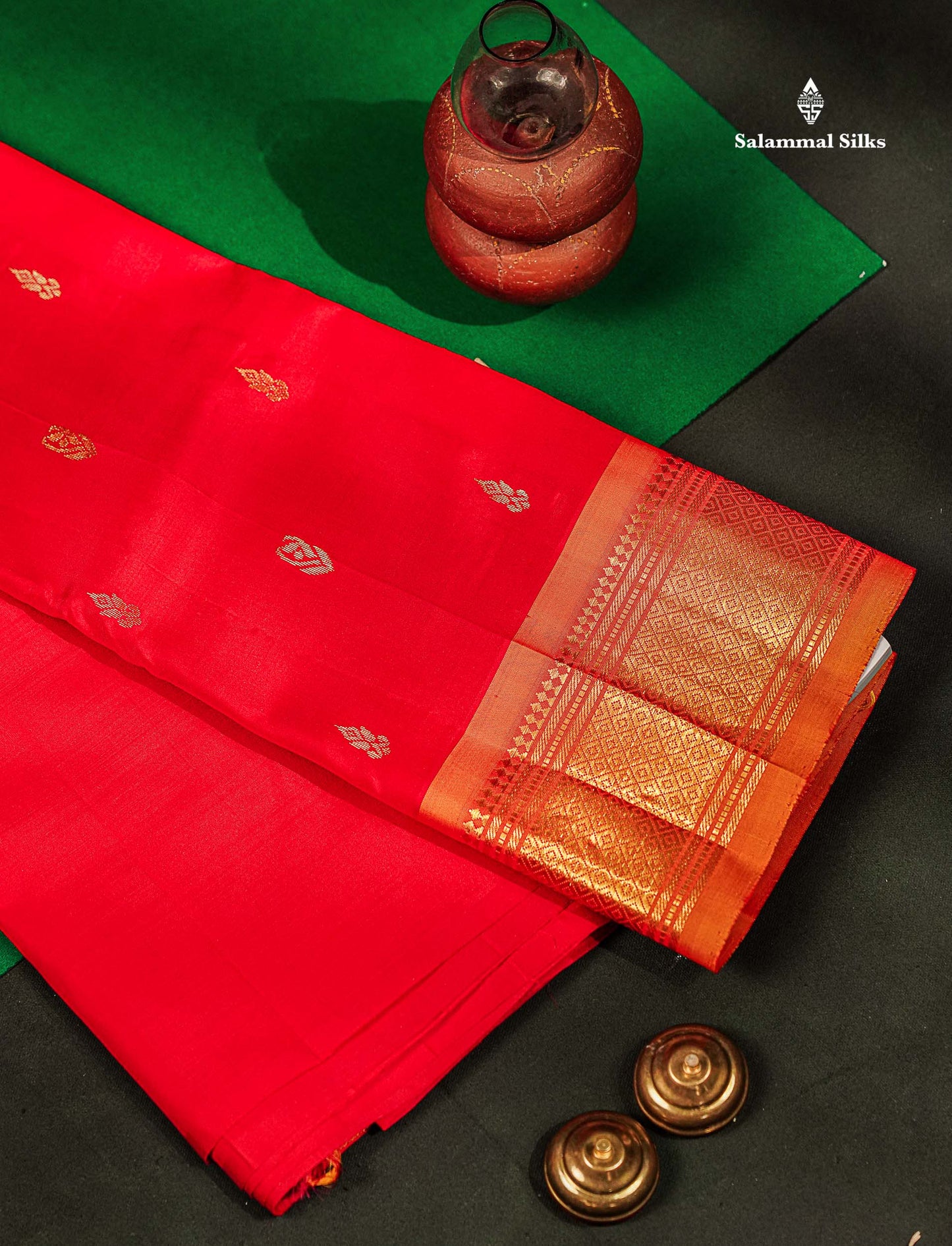 One Side Border Pure Silk Saree - Chilly Red Zari Butta With Contrast Mustard Yellow Traditional Border