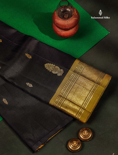 One Side Border Pure Silk Saree - Black Zari Butta With Contrast Manthulir Yellow Traditional Border