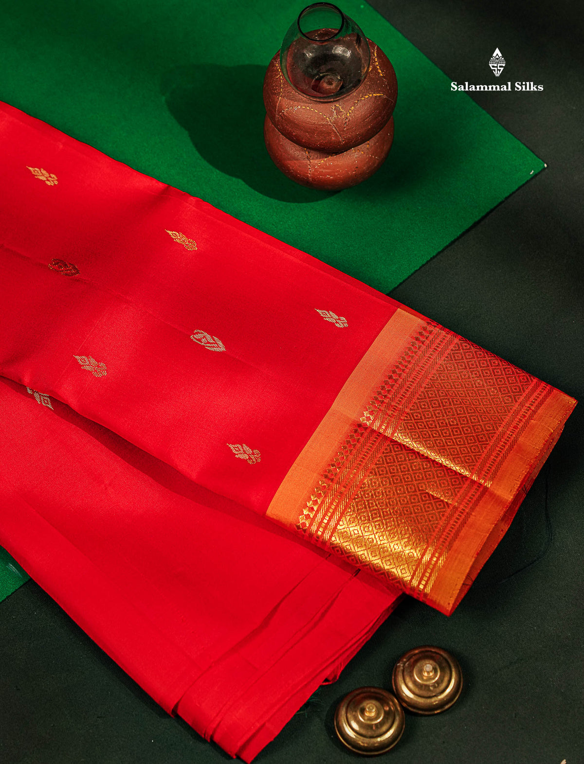 One Side Border Pure Silk Saree - Red Zari Butta With Contrast Mango Yellow Traditional Border