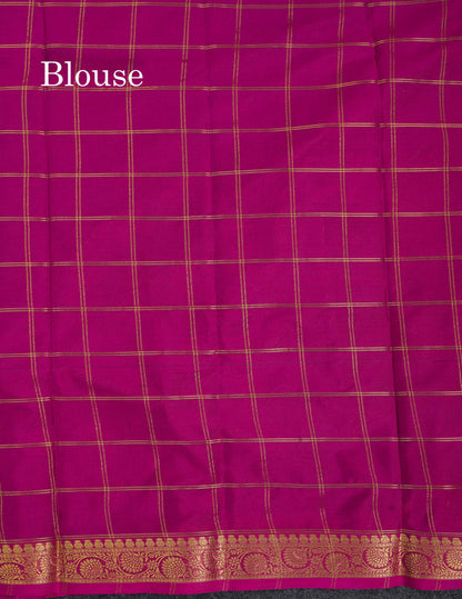 Beautiful Chilly Red Zari Checks Semi Mysore Silk Saree With Contrast Green Small Traditional Border