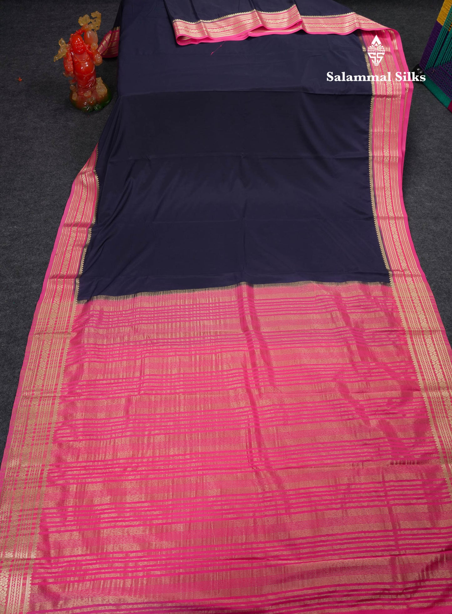 Beautiful Navy Blue Plain Semi Mysore Silk Saree With Contrast Pink Traditional Border