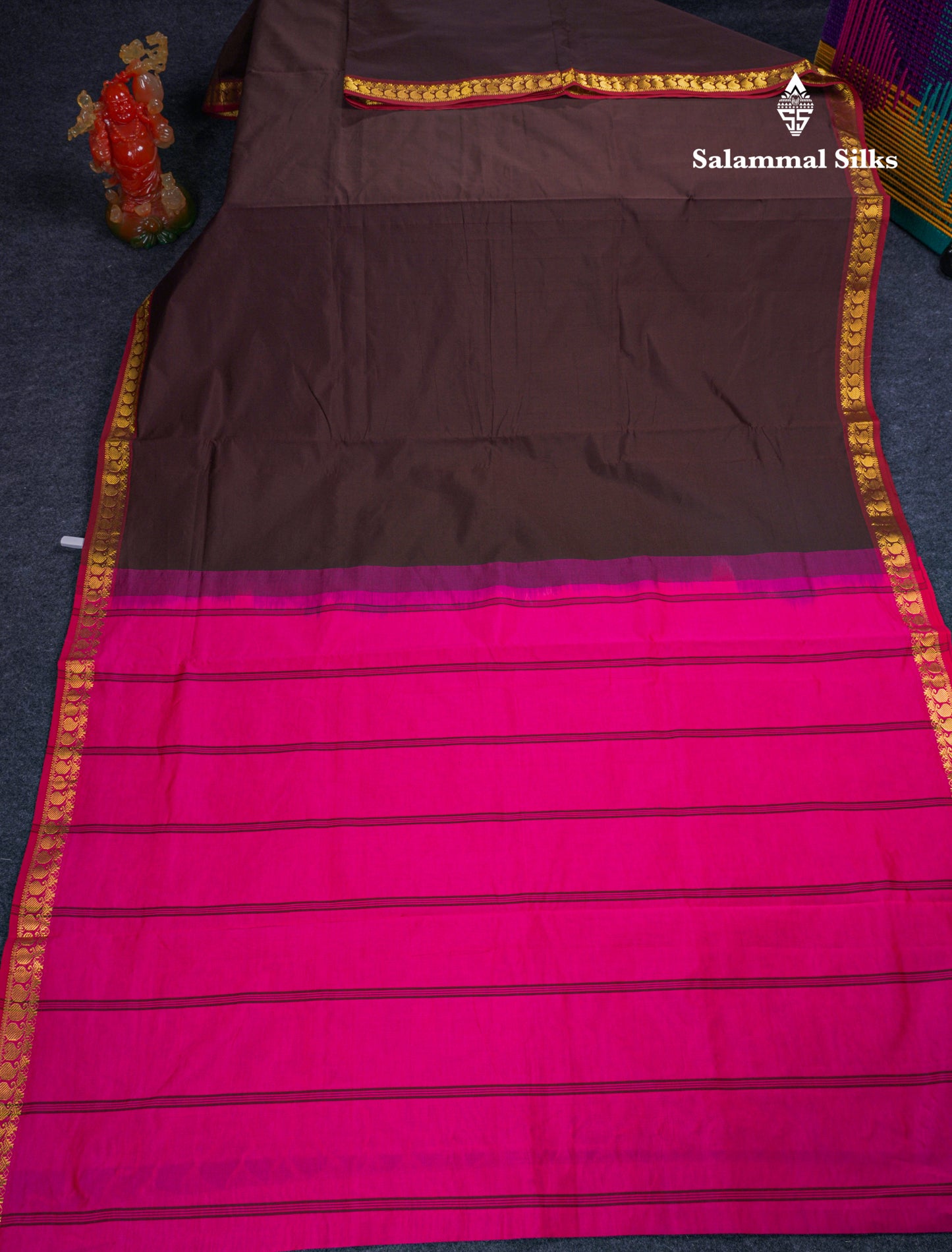 Beautiful Dark Brown Semi Silk Cotton Saree With Contrast Rani Pink Blouse