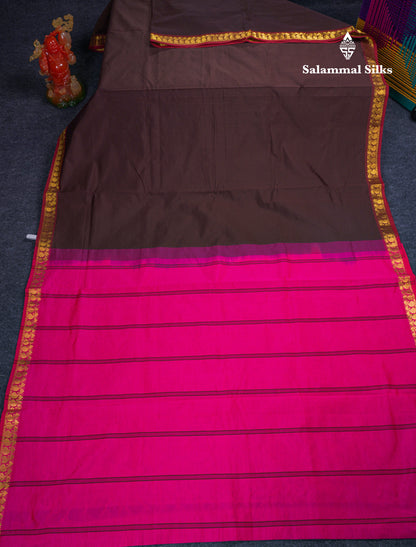 Beautiful Dark Brown Semi Silk Cotton Saree With Contrast Rani Pink Blouse