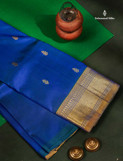 Beautiful Dual Tone Peacock Blue Pure Kanjivaram Silk Saree With Contrast Manthulir Yellow Traditional One Side Border